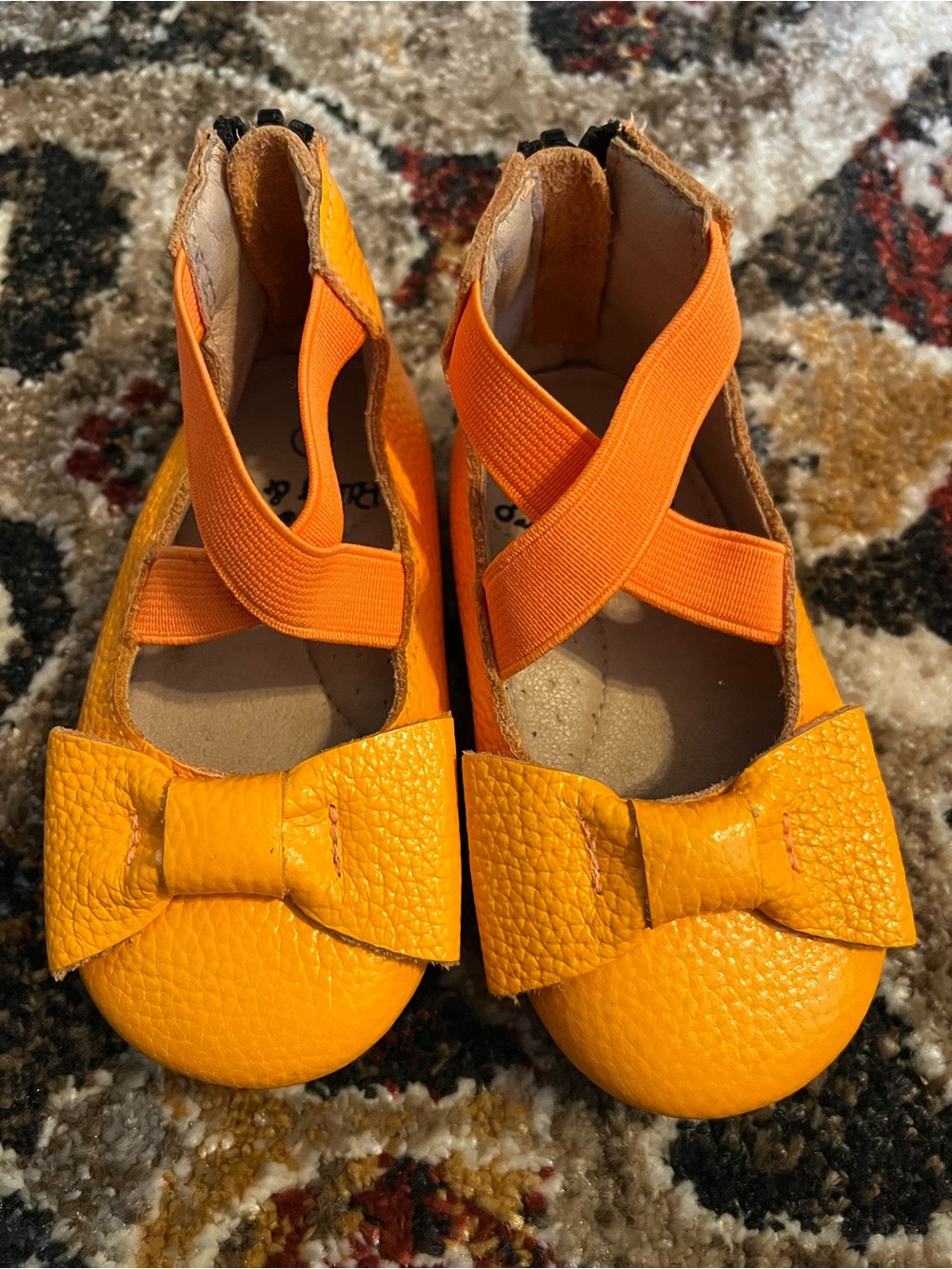 Girls' Orange Bow Mary Jane Flats with Cross Elastic Straps